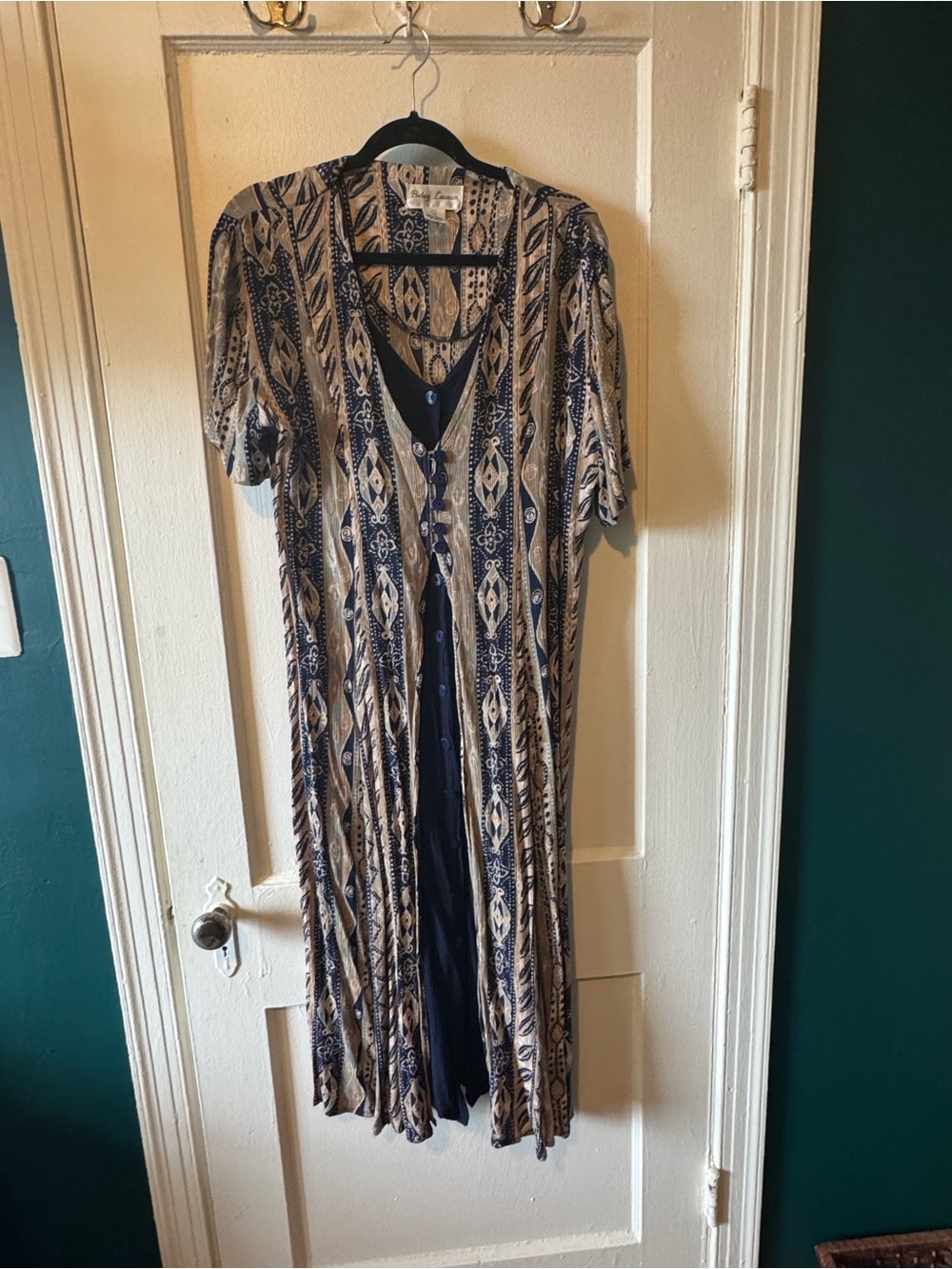 Vintage - Navy and Cream Patterned Women's Button-Front Dress